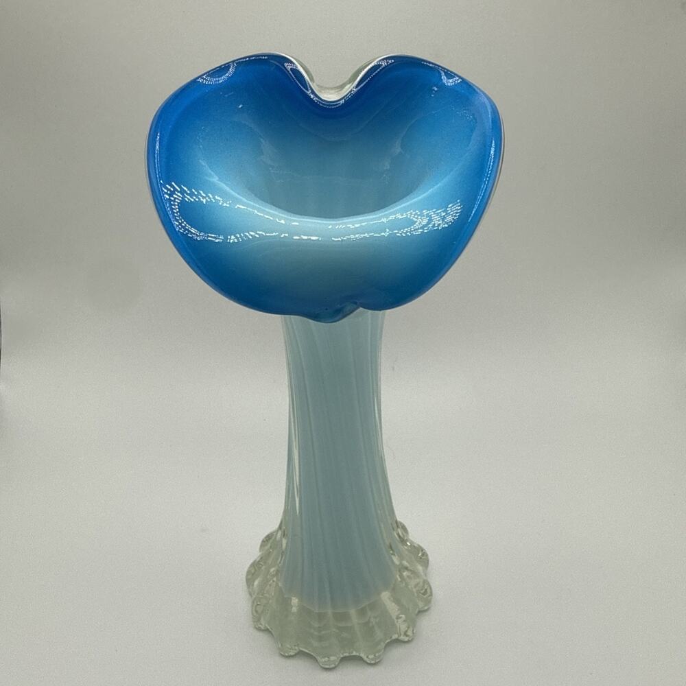 Vintage Fenton Opalescent Swirl Blue Top Jack in the Pulpit Art Glass Vase 8”